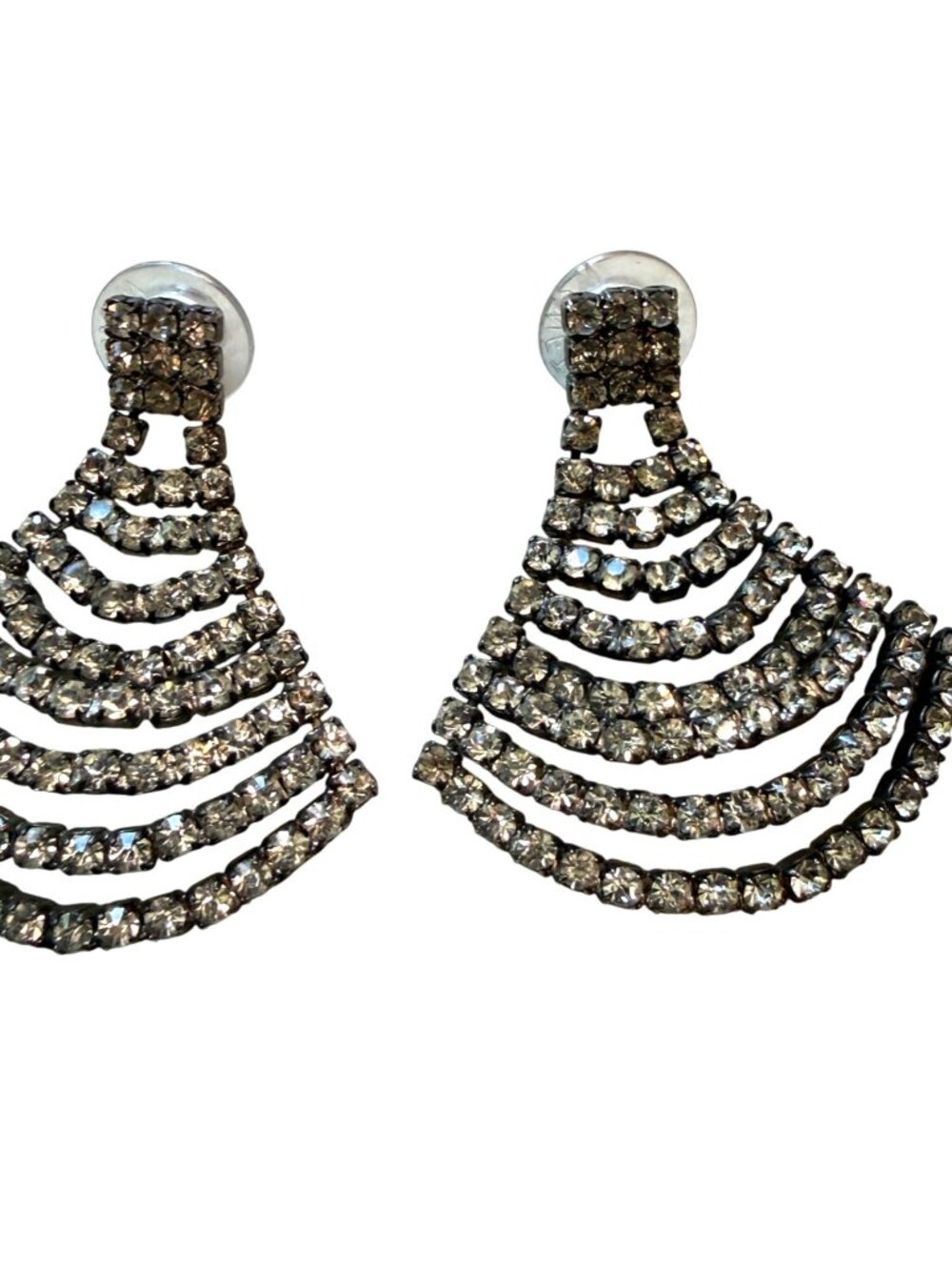 Crystal Rhinestone Fan-Shaped Statement Earrings Silver-Tone Post Back